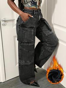 Slaydiva Women's Cargo Pocket Thermal Lined Loose Fit Wide Leg Casual Jeans - Dark Grey - View 1