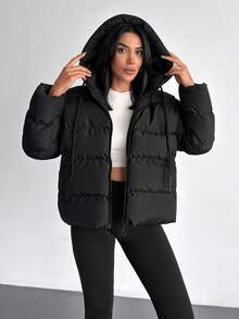 EURMUSE Solid Color, Zip Up, Hooded Winter Coat - Black - View 6