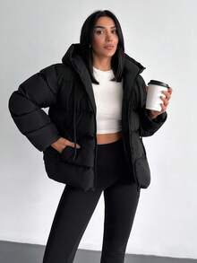 EURMUSE Solid Color, Zip Up, Hooded Winter Coat - Black - View 7