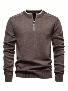 Manfinity Mode Men's Casual Versatile Knit Autumn Men Quarter Zip Brown Sweater, Old Money