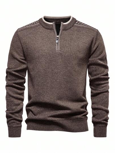 Manfinity Mode Herren Lässig vielseitiger Strick Herbst Männer Viertel Reißverschluss Brauner Pullover, Old Money