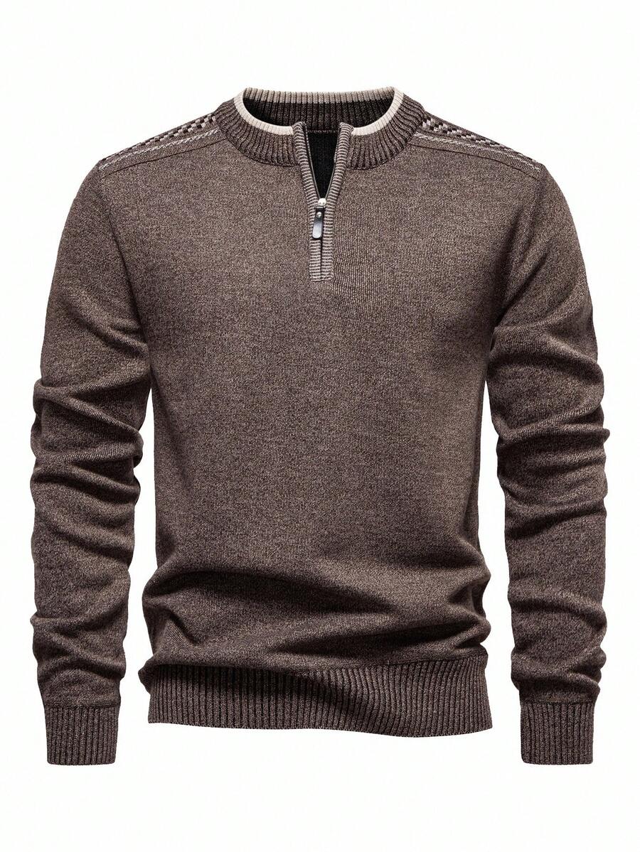 Manfinity Mode Men's Casual Versatile Knit Autumn Men Quarter Zip Brown Sweater, Old Money