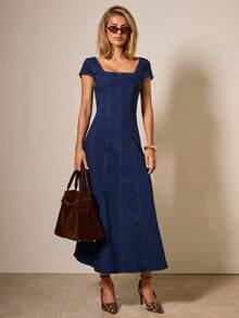 COSMINA 海军蓝休闲束腰长款牛仔连衣裙 - 彩色 - 查看 3
