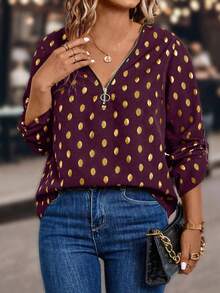 Áo sơ mi tay cuộn họa tiết chấm bi kim loại thời trang cỡ lớn - Màu Đỏ Sâu - Xem 5