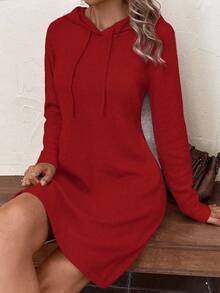 EMERY ROSE 女士休闲纯色连帽长袖针织毛衣裙 - 紅色 - 查看 5