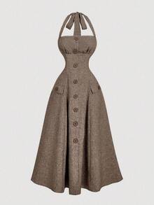 SHEIN MOD Women's Camel Sleeveless Waist Gathered A-Line Halter Dress