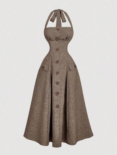 SHEIN MOD Women's Camel Sleeveless Waist Gathered A-Line Halter Dress