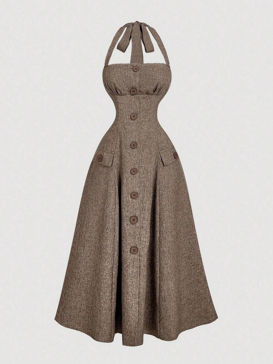 SHEIN MOD Women's Camel Sleeveless Waist Gathered A-Line Halter Dress