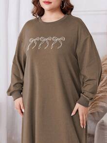 Lacomfia 大码纯色圆领长袖蝴蝶印花中长连衣裙 - 卡其色 - 查看 5