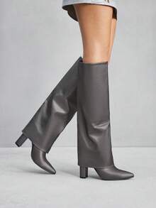 CUCCOO SZL Women's Pointed Toe Thick High Heel Boots, Silver PU Fabric Double Layer Design, Fashion Minimalist For Daily, Party, Banquet, Side Zipper - Silver - View 9