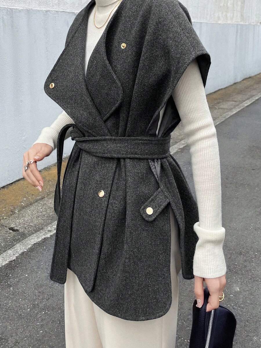 FRIFUL Women's Solid Dark Grey Lapel Sleeveless Cinched Waist Waist Slit Side Casual Versatile Woolen Autumn Dress Jacket Women Coats - Grey - View 1