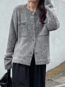 FRIFUL Women's Light Gray Round Neck Drop Shoulder Long Sleeve Pocket Decor Loose Casual Cardigan, Versatile For Autumn - Dark Grey - View 3