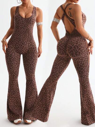 Rhythm Era 1 st kvinnor plusstorlek sömlös sexig leopardmönster djup v-ringad twist back yoga fitness träningslinne och utsvängd jumpsuit