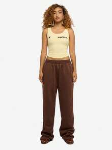 SUMWON WOMEN 图案阔腿慢跑裤舒适冬季家居服休闲街头宽松运动裤秋季日常舒适裤后背印有标志 - 咖啡棕 - 查看 5