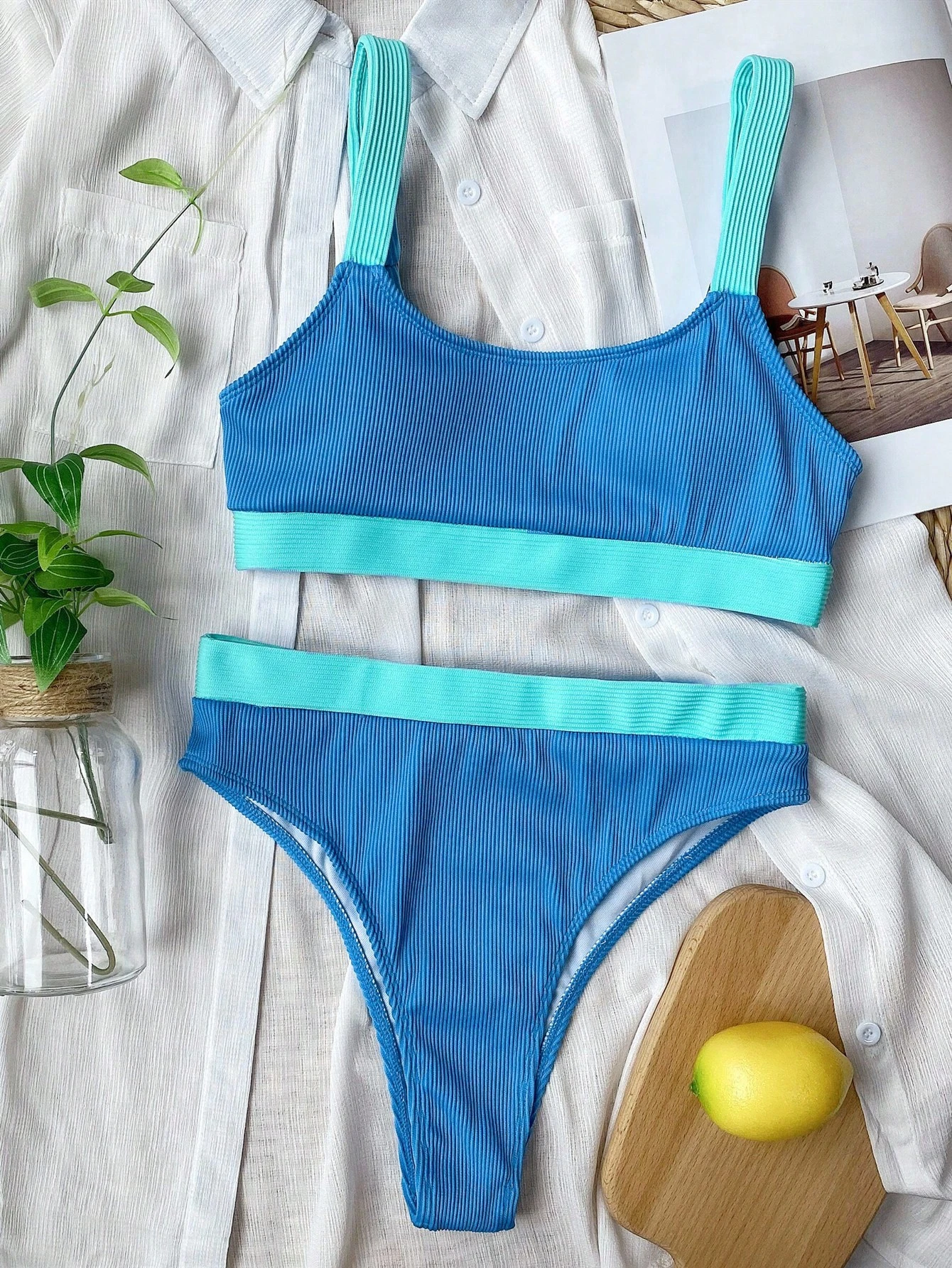 Swim Vcay Conjunto de Bikini de Verão com Bloco de Cor de Costela de Praia - Azul - Visão 4