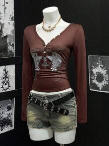 EgrlEra Women's V-Neck Punk Wing Print Long Sleeve Fitted T-Shirt - Coffee Brown - View 4