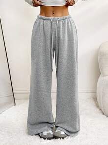 SHEIN PETITE Women's Casual Front Tie Waist Loose Sweatpants, Suitable For Autumn/Winter, Everyday Wear And Back To School - Grey - View 8