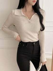 DAZY 女式修身长袖休闲套头毛衣 秋冬 - 杏色 - 查看 4