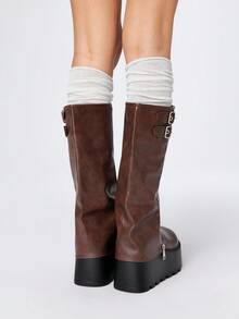 ROMWE Grunge Punk Bốt cổ ngắn mũi tròn đế dày phong cách Punk, dây khóa kéo, kiểu dáng ngoài trời, cao đến bắp chân, mẫu mới thu/đông 2025 - màu nâu - Xem 5