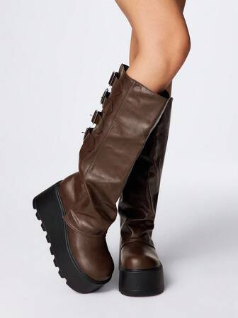 Grunge Punk 2025 Herbst/Winter Neue Braune Runde Zehenkappe Dicke Sohle Punk Stil Schnallen Riemen Leder Outdoor Mode Slip-On Knöchel Stiefel