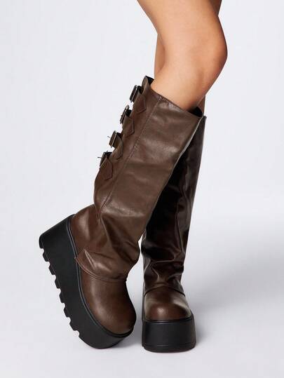 Grunge Punk Stivali alla caviglia in pelle marrone con punta tonda, suola spessa, stile punk con fibbia, tacco medio, adatti per l'uso all'aperto, nuovi per l'autunno/inverno 2025