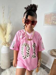 少女宽松V领豹纹字母图案休闲运动T恤 粉色 Y2K - 粉色 - 查看 4