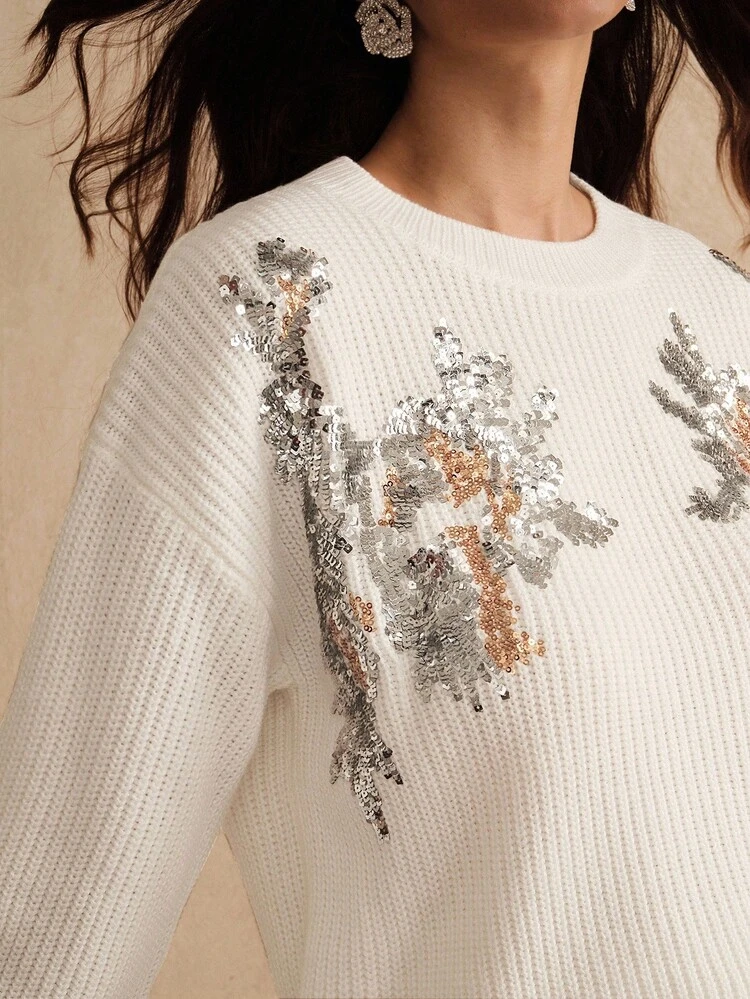 Women's Autumn/Winter Sweater, Christmas & Halloween Lazy Intellectual Luxurious Heavy Embroidered Sequin White Crew Neck Long Sleeve Pullover
