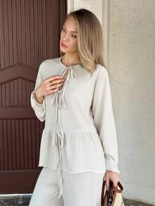 ZIRRA Women's Casual/Office Wear Solid Color Tie-Up Shirt And Pants 2 Pieces Set - Apricot - View 5
