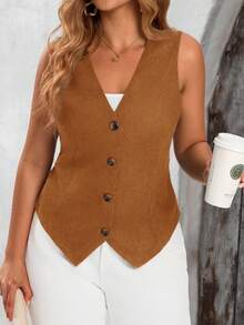 EMERY ROSE Áo khoác blazer không tay màu trơn đơn giản cài nút phía trước cỡ lớn - màu nâu - Xem 4