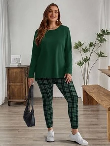 EMERY ROSE Bộ áo phông đen và quần legging kẻ caro cỡ lớn cho mùa đông dành cho nữ - xanh quân đội - Xem 4