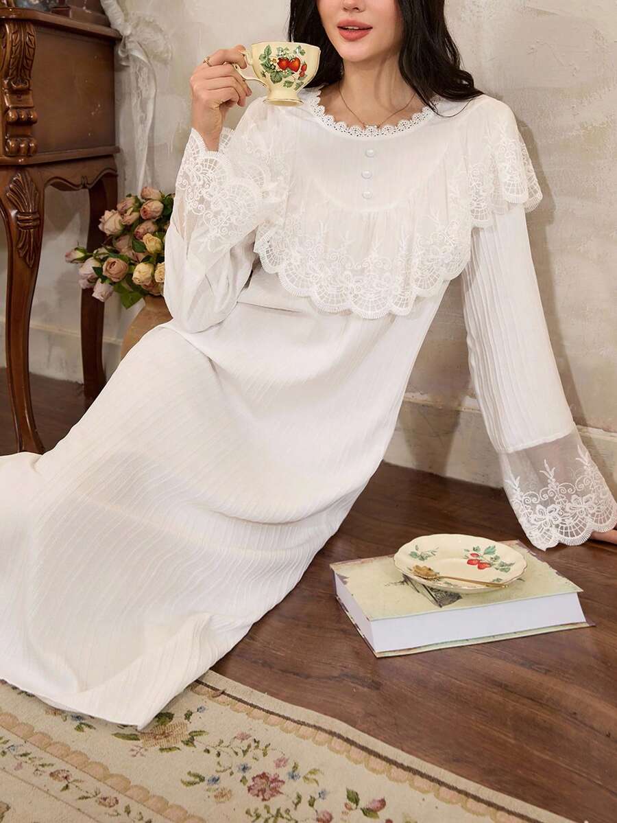 Côtesoire Women's French Elegant Romantic Lace Patchwork Ruffle Trim Button Down Nightgown, Fall Lace Sleepwear - White - View 1