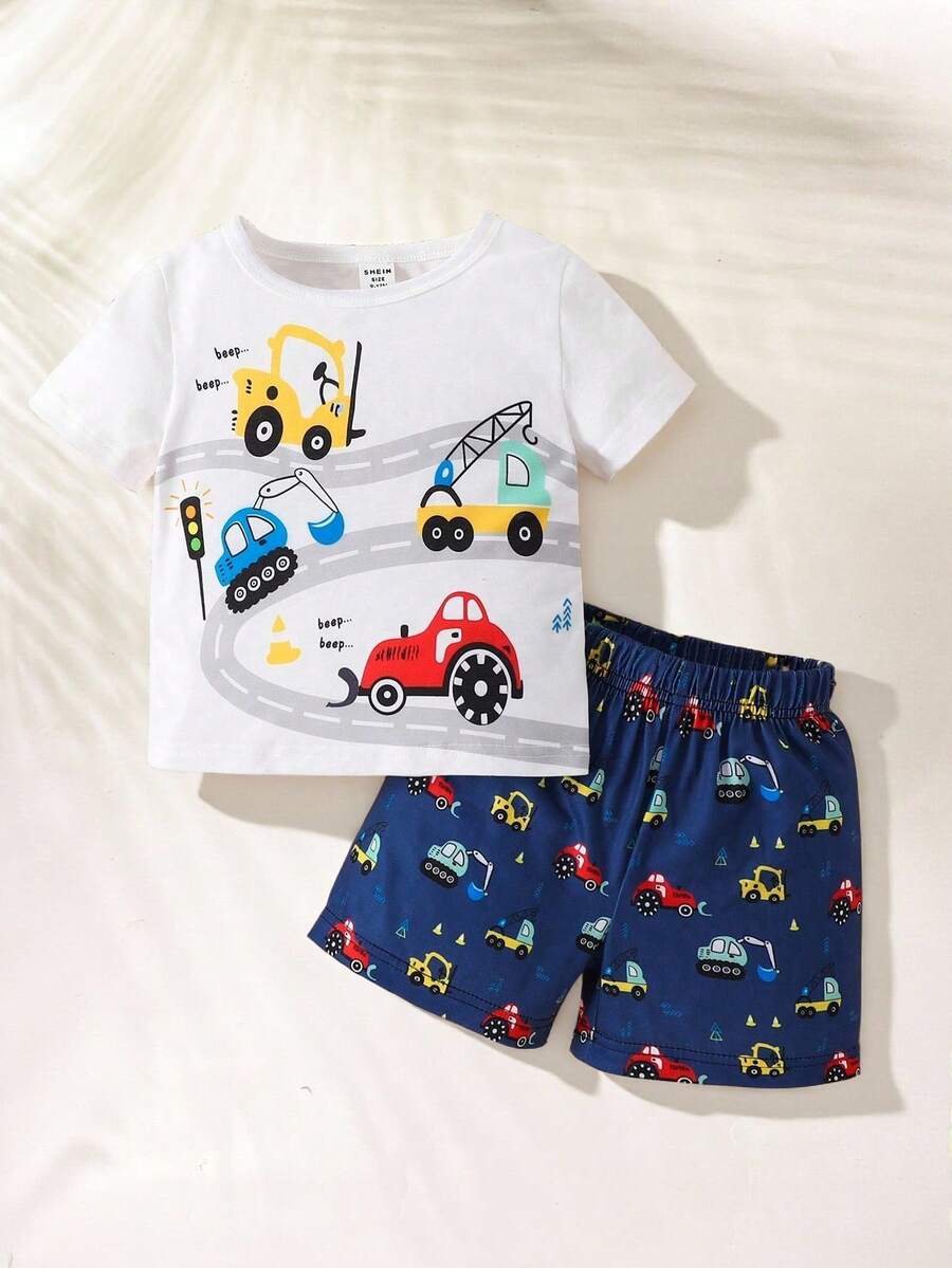 Ensemble Shorts Et T-shirt Imprimé Voiture Cartoon De Mode Pour Bébé Garçon - Multicolore - Voir 1