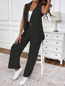 EMERY ROSE Solid Single Button Vest Blazer & Pants - Black - View 4