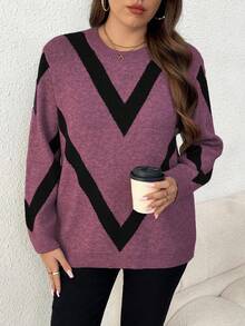 Elenzga Plus Size Women Casual Fashionable Slimming Round Neck Long Sleeve Jacquard Knit Pullover Sweater, Autumn/Winter - Red Violet - View 6