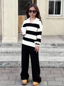 SHEIN 青少年女孩休闲罗纹高领黑白条纹毛衣和纯黑色阔腿裤两件套，适合秋冬季 - 黑與白 - 查看 1
