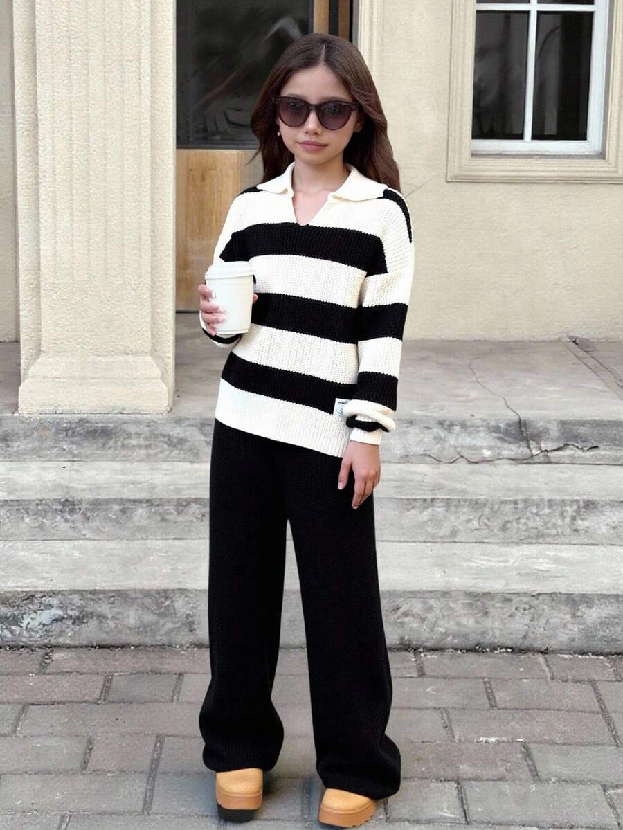 SHEIN 青少年女孩休闲罗纹高领黑白条纹毛衣和纯黑色阔腿裤两件套，适合秋冬季 - 黑與白 - 查看 1