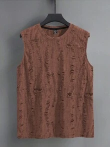 Claim Dot Men's Street-Style Distressed Texture Jacquard Sleeveless Crew Neck Fashion Tank Top - Brown - View 3