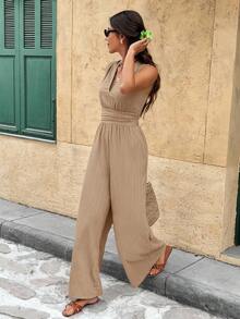 Serisse 女式休闲纯色无袖连体裤，夏季 - 杏色 - 查看 1