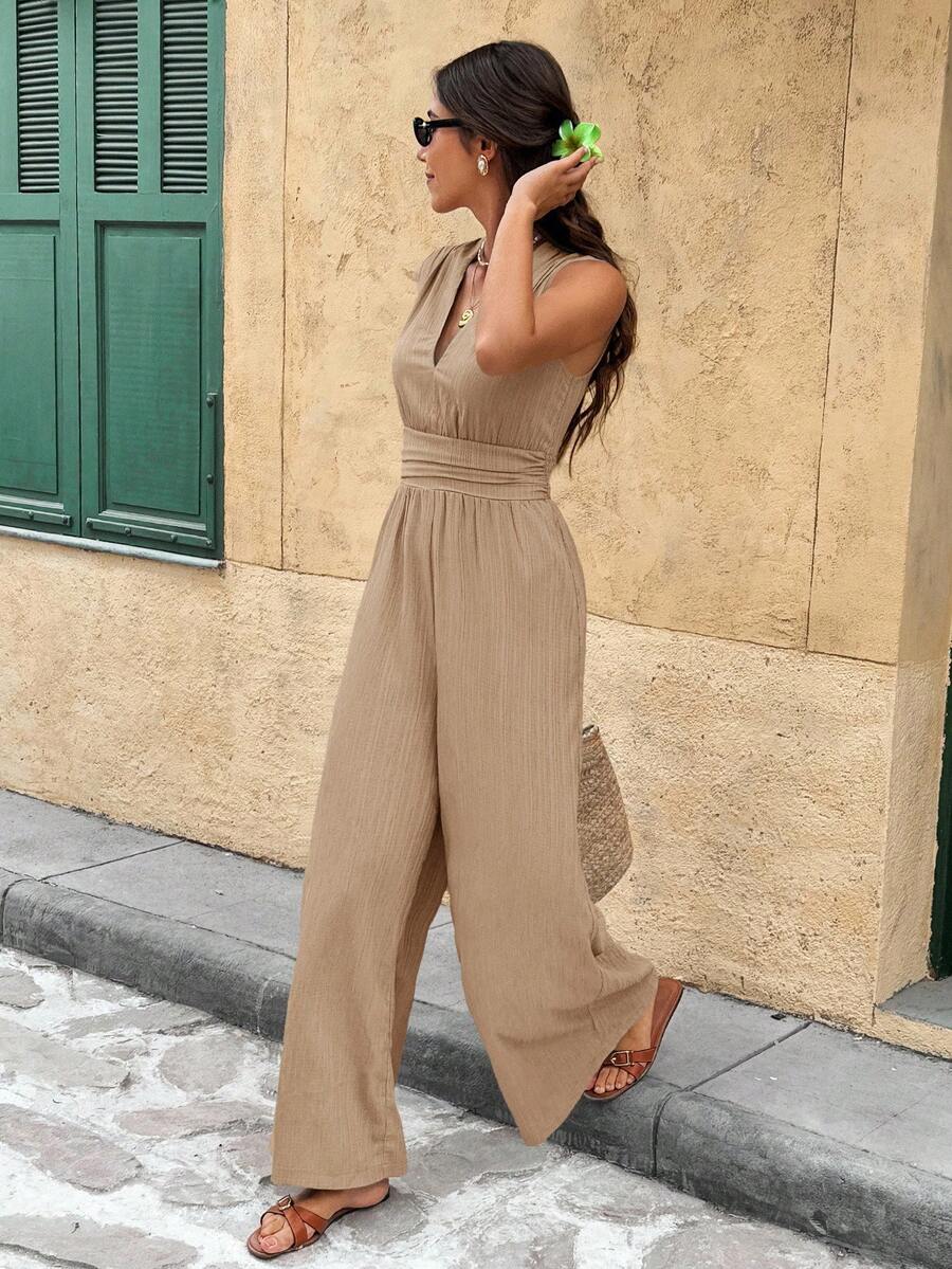 Serisse 女式休闲纯色无袖连体裤，夏季 - 杏色 - 查看 1