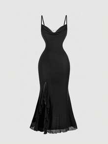 SHEIN MOD Backless Sequin Chain Plunging Neck Fitted Slit Fishtail Dress,Fall / Winter Dress,Western Wear Women,Country Concert Outfit,Old Money Style Women,Dresses For Women Party, Black Dress, Black Mermaid Dress, Black Formal Dress, Black Evening Gown