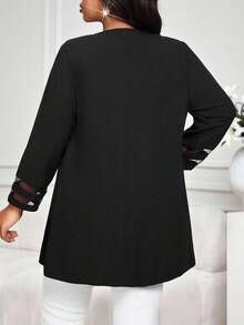 SHEIN Lady 秋冬优雅休闲黑色针织圆领串珠长袖大码外套加长外套 - 黑色 - 查看 2