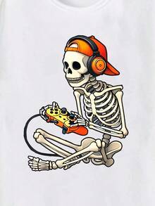 SHEIN 青少年男孩万圣节休闲时尚骷髅帽图案和游戏印花短袖 T 恤，节日主题套头衫 - 白色 - 查看 4