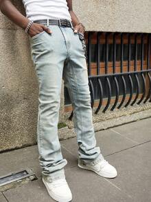 ROMWE MEN Street Life 休闲街头风格口袋纽扣门襟多层喇叭腿男式牛仔裤 - 深色水洗藍 - 查看 6