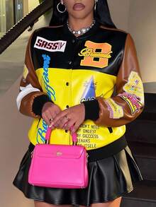 Slaydiva Áo khoác bóng chày phong cách Punk dạo phố hàng ngày, câu lạc bộ đêm, phong cách đầu thu mới 2025, logo họa tiết cổ điển, vai trễ, tay dài, dáng rộng, màu nâu đen và vàng, in họa tiết PU cho nữ - A - Nhiều màu - Xem 4