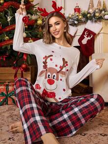 CoupledUp 2pcs Christmas Element Print Long Sleeve Top & Pants Women Pajama Set Cozy And Elegant Details Christmas Pajamas, Fall Winter Clothes - Multicolor - View 4