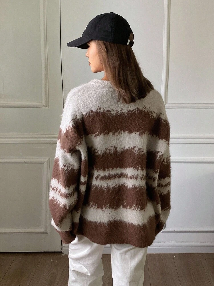 Color Block Striped Rhinestone Decor Loose Fit Crew Neck Long Sleeve Casual Street Style Knit Sweater For Women, Autumn/Winter