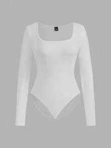 SHEIN EZwear 3pcs Women Square Neck Long Sleeve Tight Fit Bodysuit Set, Black, Navy Blue, White, Suitable For Autumn/Winter,Fall,Black Bodysuit - Multicolor - View 4