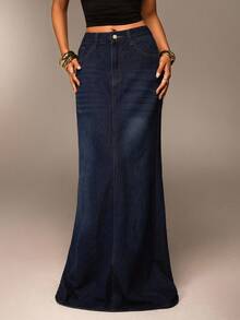 SHEIN Forever 21 Summer,Fall&Winter Women Blue Washed Loose/ High-Waist/ A-Line/Y2k/ Women Bottoms/Tall Women Jeans/Baggy Women Jeans/Straight Leg Jeans/Extra Long Maxi Denim Skirt Long Jean Skirt Women Denim Skirts - Navy Blue - View 4