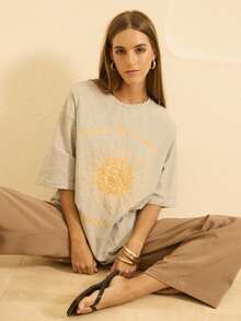 Aralina Crew Neck Oversized Regular Length Graphic Tee - Grey - View 1