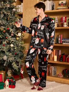 CoupledUp 圣诞老人印花仿丝绸男士睡衣套装，秋冬服装，圣诞节 - 黑色 - 查看 7